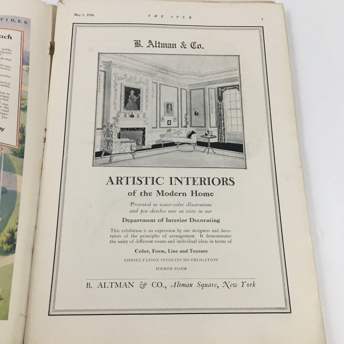 VTG The Spur Magazine May 1 1926 - Page featuring an advertisement for B. Altman & Co. with artistic interiors.