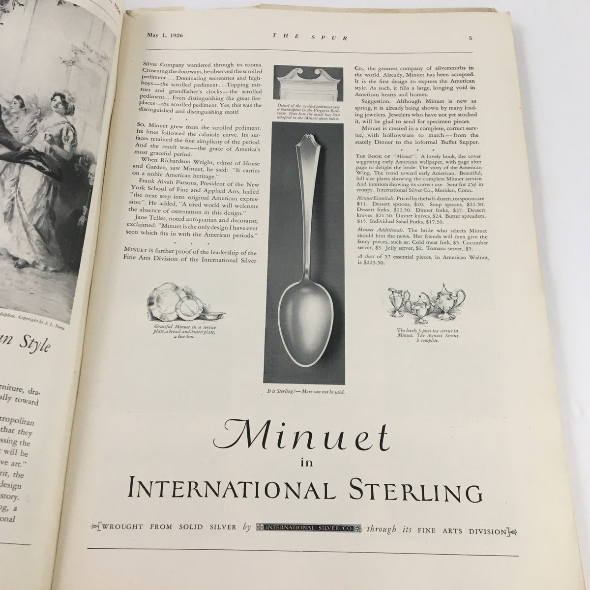 VTG The Spur Magazine May 1 1926 - Page displaying an advertisement for Minuet in International Sterling silver.