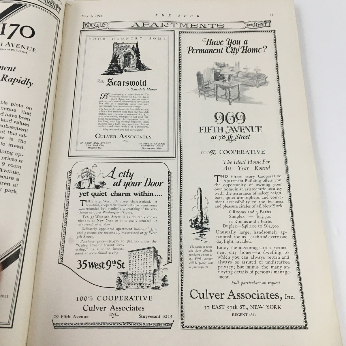 VTG The Spur Magazine May 1 1926 - Page showcasing apartment advertisements for 100% cooperative living.