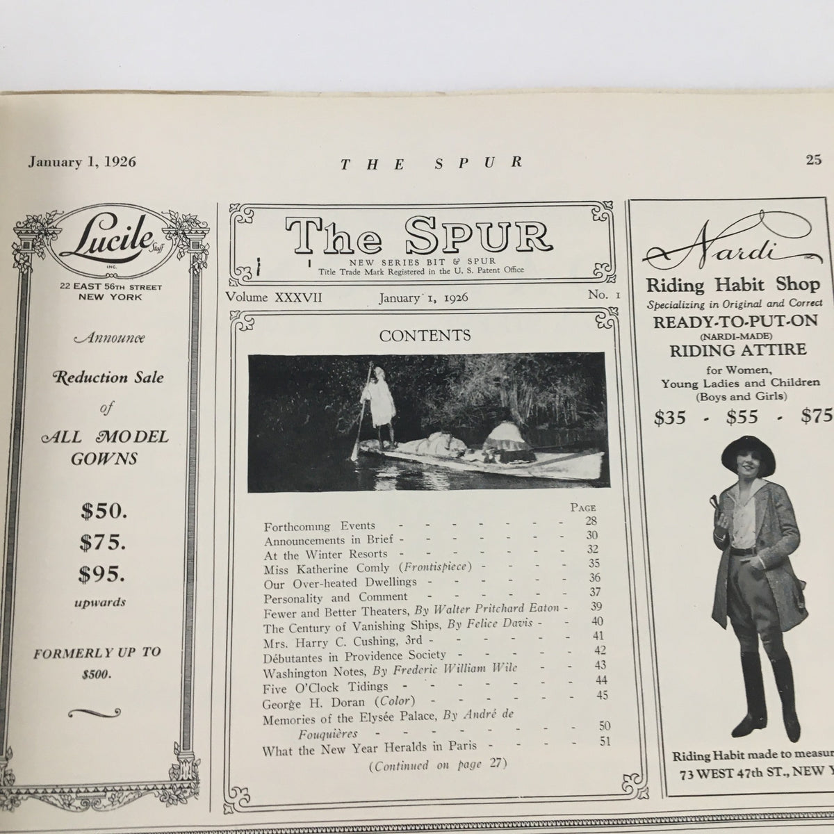 The Spur Magazine January 1, 1926 featuring the contents page listing articles and advertisements including fashion and event announcements.