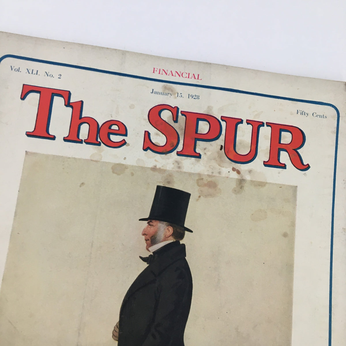 Cover of VTG The Spur Magazine January 15 1928 featuring the title prominently and an illustration of a man in a top hat.