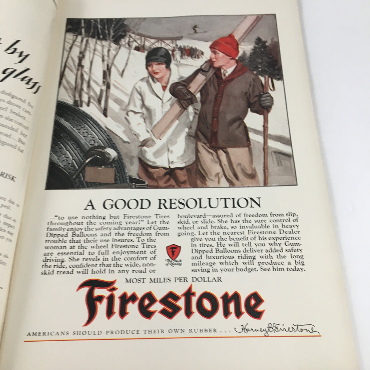 Interior page of VTG The Spur Magazine January 15 1928 featuring a vintage advertisement for Firestone Tires with a winter scene.