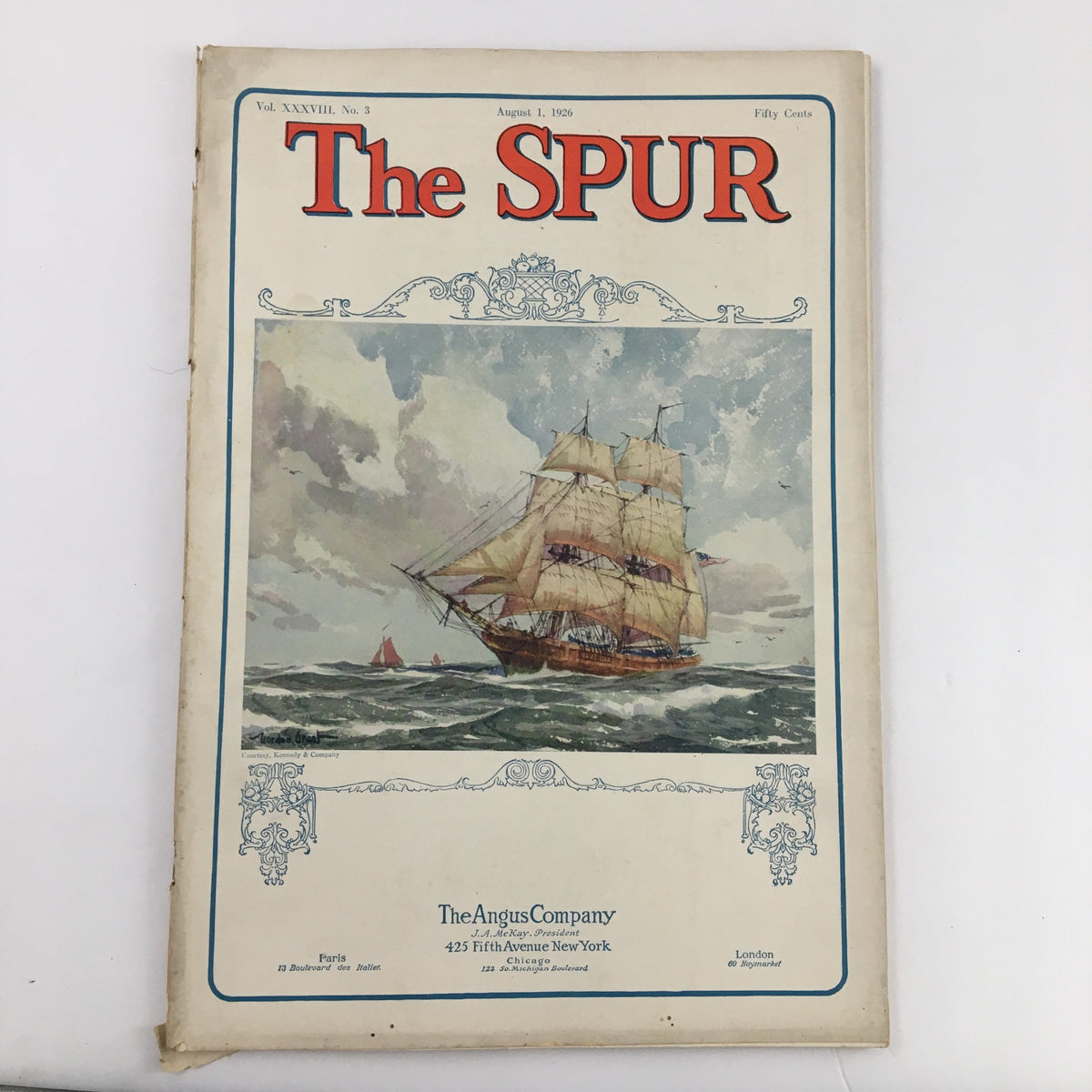 Cover of VTG The Spur Magazine August 1, 1926, featuring a ship sailing beneath a cloudy sky, showcasing the theme 'Summer Along The Mediterranean.'
