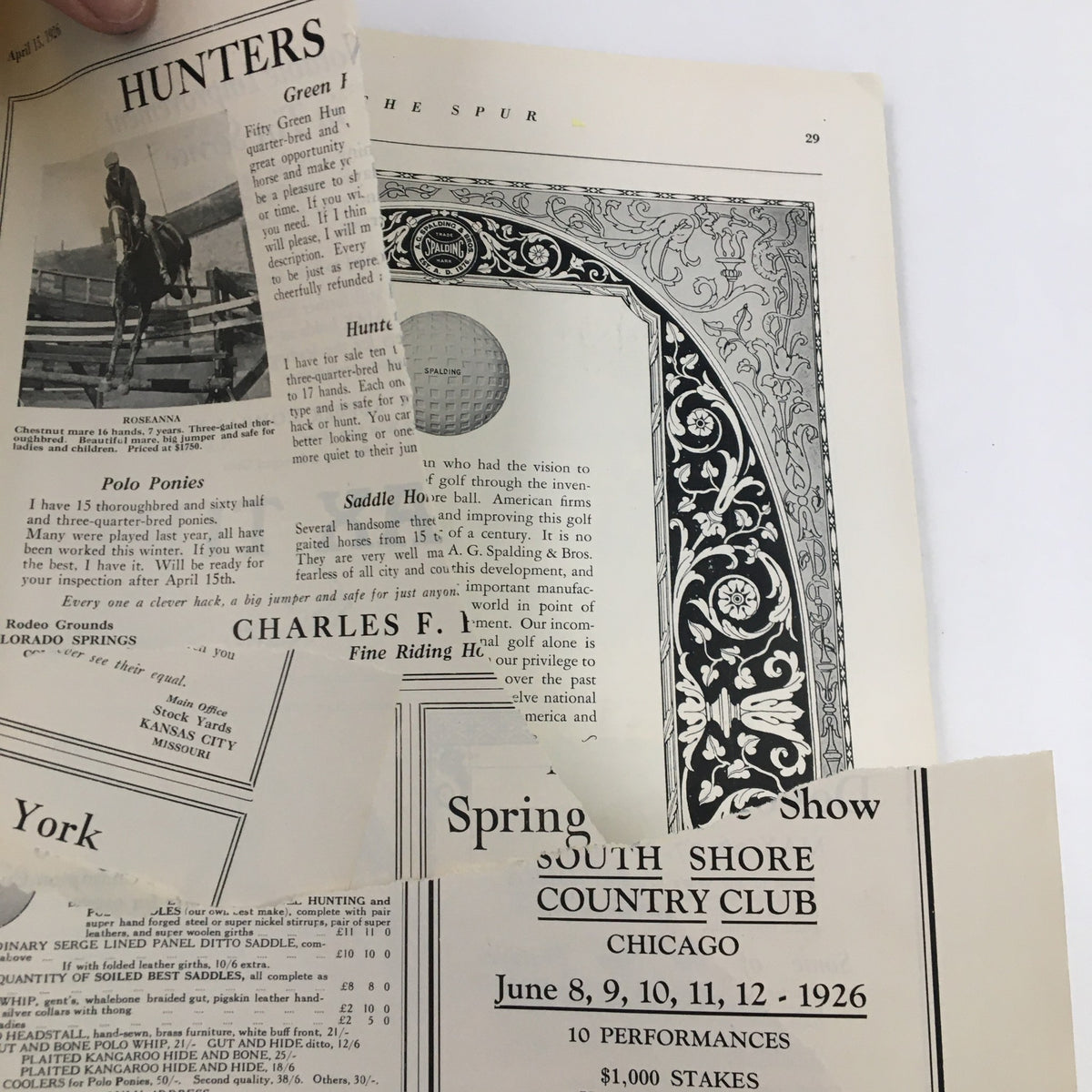 Pages from the VTG The Spur Magazine April 15, 1926 showcasing various horse show events and advertisements.