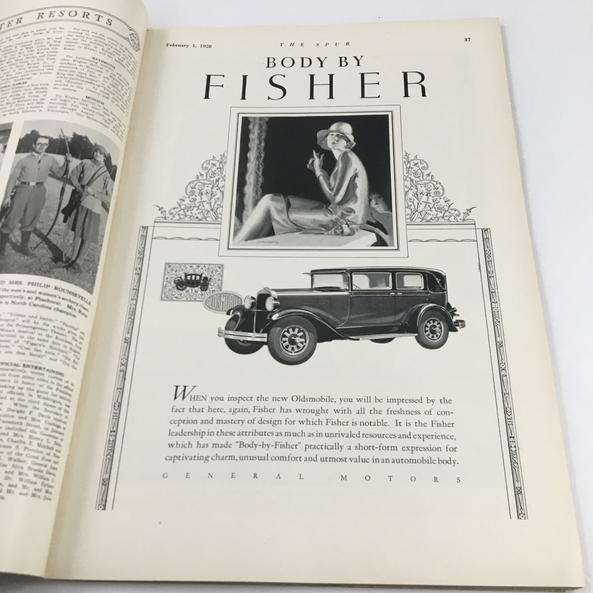Page from The Spur Magazine February 1 1928 displaying an advertisement for 'Body by Fisher', featuring an illustration and a vintage car, exemplifying the design aesthetics of the 1920s.