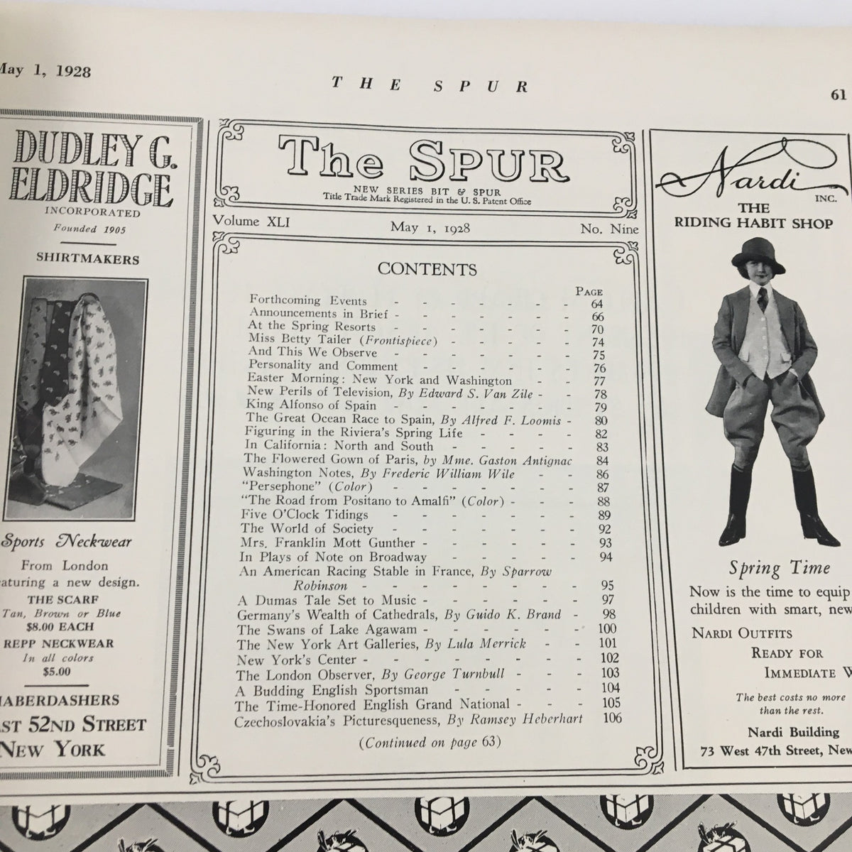 Interior page of VTG The Spur Magazine May 1 1928, featuring the table of contents and various article titles.