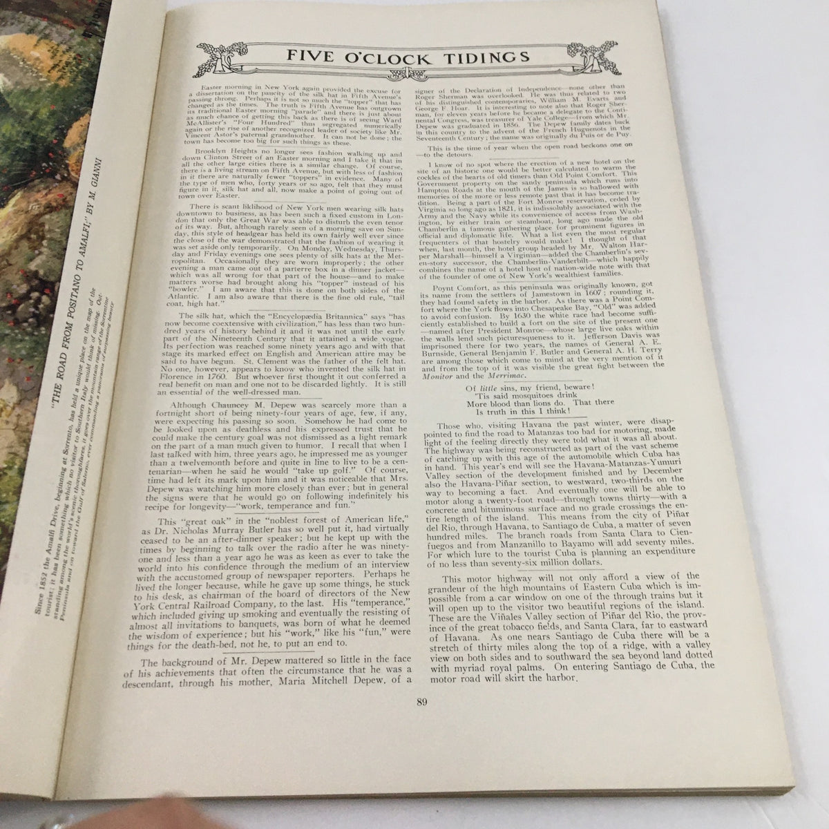 Page from VTG The Spur Magazine May 1 1928, displaying an article titled 'Five O'Clock Tidings' with historical text.