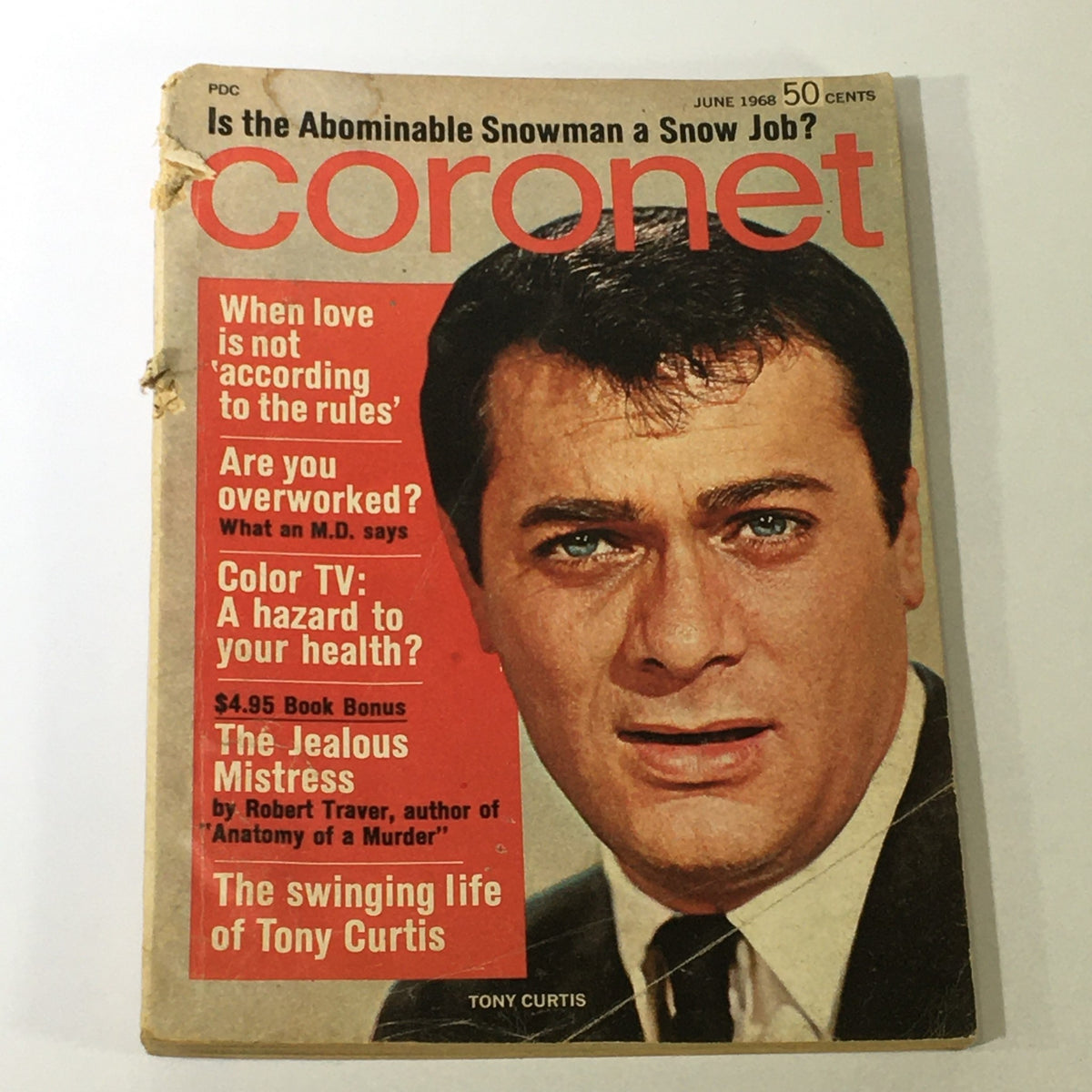 VTG Coronet Magazine June 1968 featuring Tony Curtis on the cover, highlighting the article 'The Jealous Mistress' and other intriguing topics from the era.