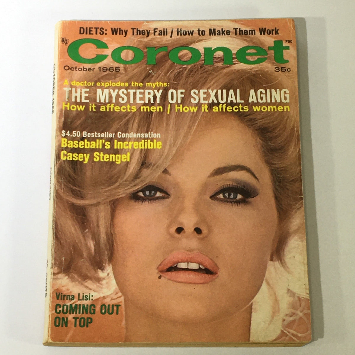 VTG Coronet Magazine October 1965 featuring cover model Virna Lisi, highlighting an article on The Mystery of Sexual Aging.