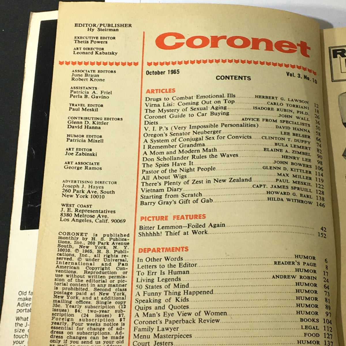 Inside page of VTG Coronet Magazine October 1965 showing the table of contents and article titles, including feature topics of the era.