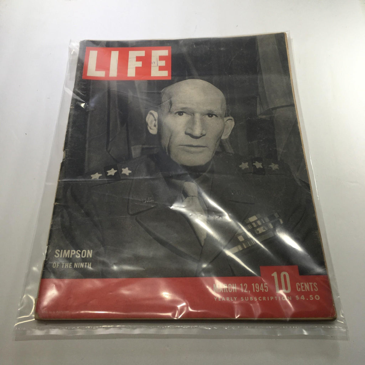 Cover of Life Magazine dated March 12, 1945, featuring 'Simpson of The Ninth', showcasing a prominent figure in military attire, encapsulating a significant moment in World War II history.