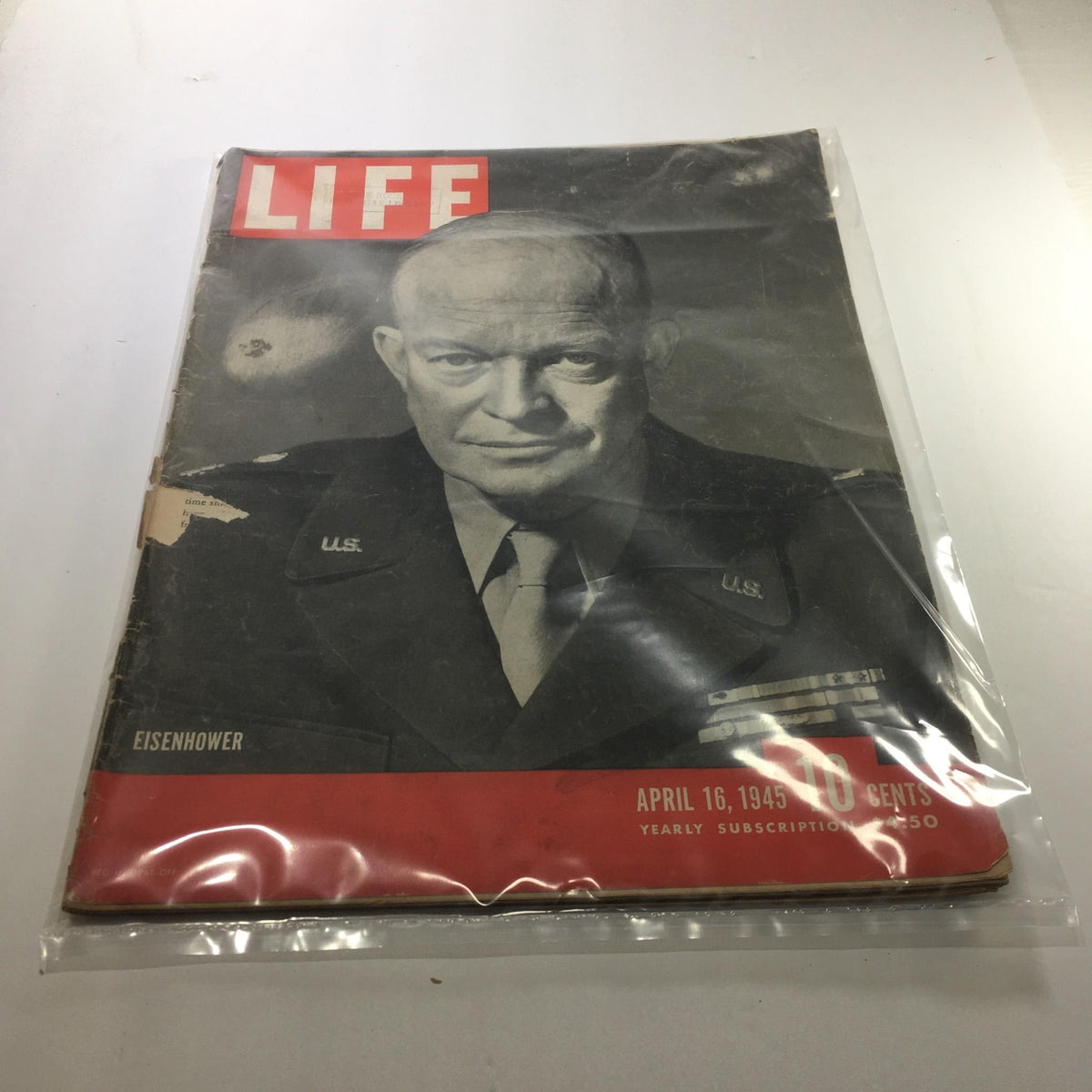 Life Magazine: April 16, 1945 - Eisenhower cover featuring General Dwight D. Eisenhower in military uniform, showcasing a vintage historical publication shortly after World War II.