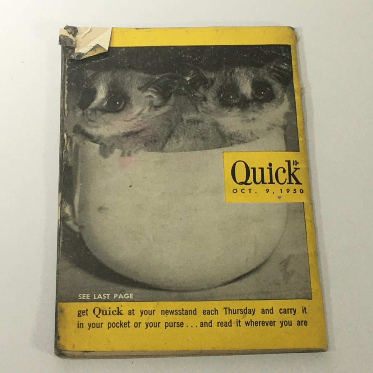 Back cover of VTG Quick News Weekly October 9 1950 featuring a whimsical illustration of two small animals in a bowl.