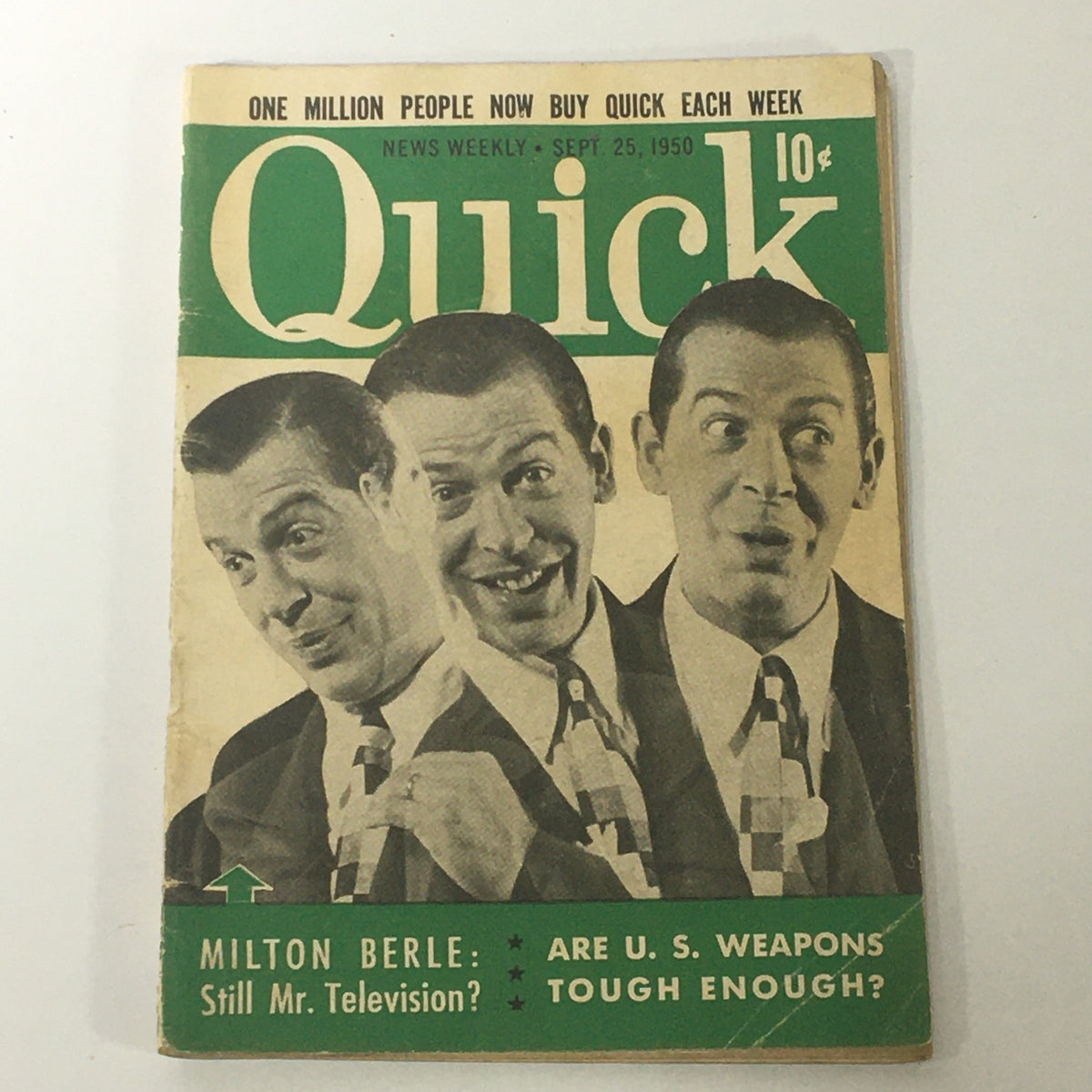 Cover of VTG Quick News Weekly September 25, 1950 Vol 3 #13 featuring Milton Berle, also known as Mr. TV, showcasing his iconic expressions and the headline 'Are U.S. Weapons Tough Enough?'