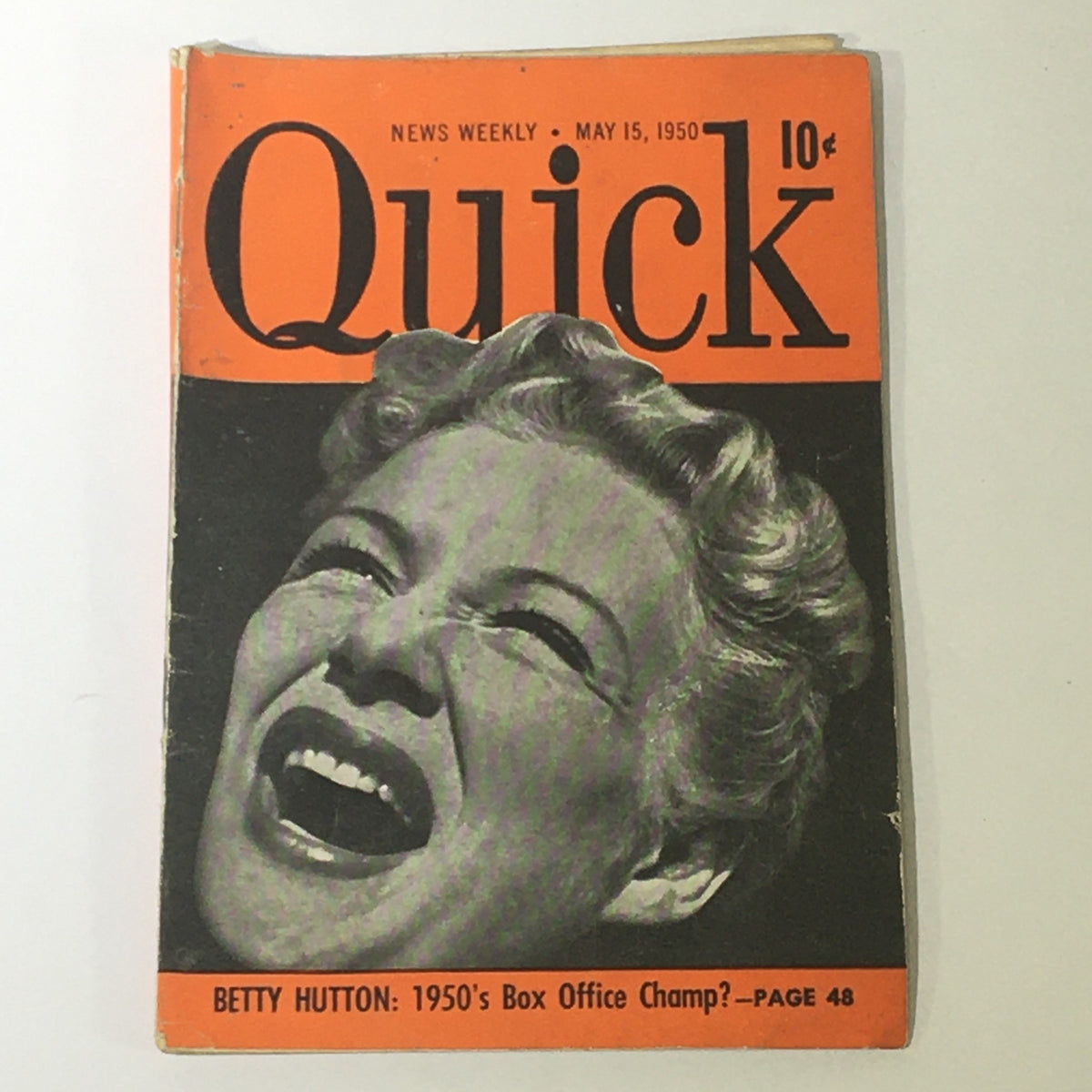 Cover of VTG Quick News Weekly dated May 15, 1950, featuring actress Betty Hutton, showcasing her expressive face and classic vintage style.