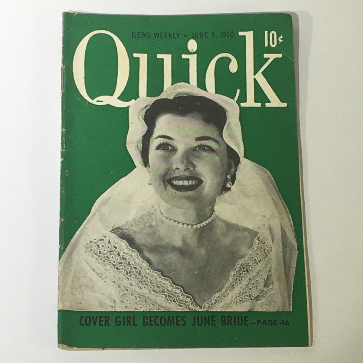 Vintage magazine cover of VTG Quick News Weekly June 5 1950 Vol 2 #23 featuring Bride Nellie Jane Cannon in wedding attire, showcasing mid-20th century design and aesthetics.