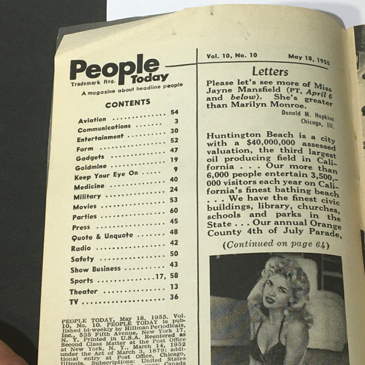 Inside content page of VTG People Today Magazine dated May 18, 1955, including table of contents with various topics from aviation to entertainment.
