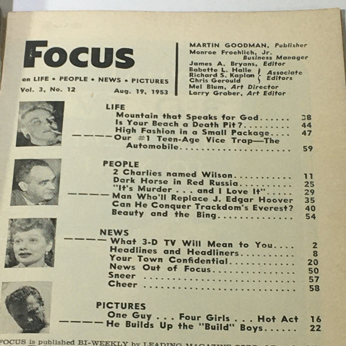 Inside page of VTG Focus Magazine August 19 1953 Vol 3 #12 showing table of contents and topics including 'Our #1 Teen-Age Vice Trap: The Automobile'.