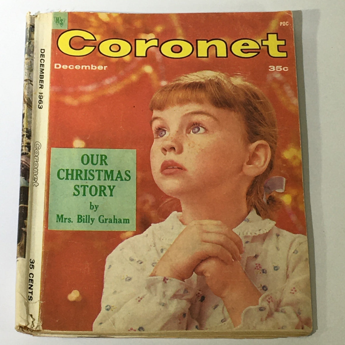 Cover of VTG Coronet Magazine December 1963 Vol 1 #1 featuring a young girl looking thoughtfully, with the title 'Our Christmas Story' by Mrs. Billy Graham highlighted in green.