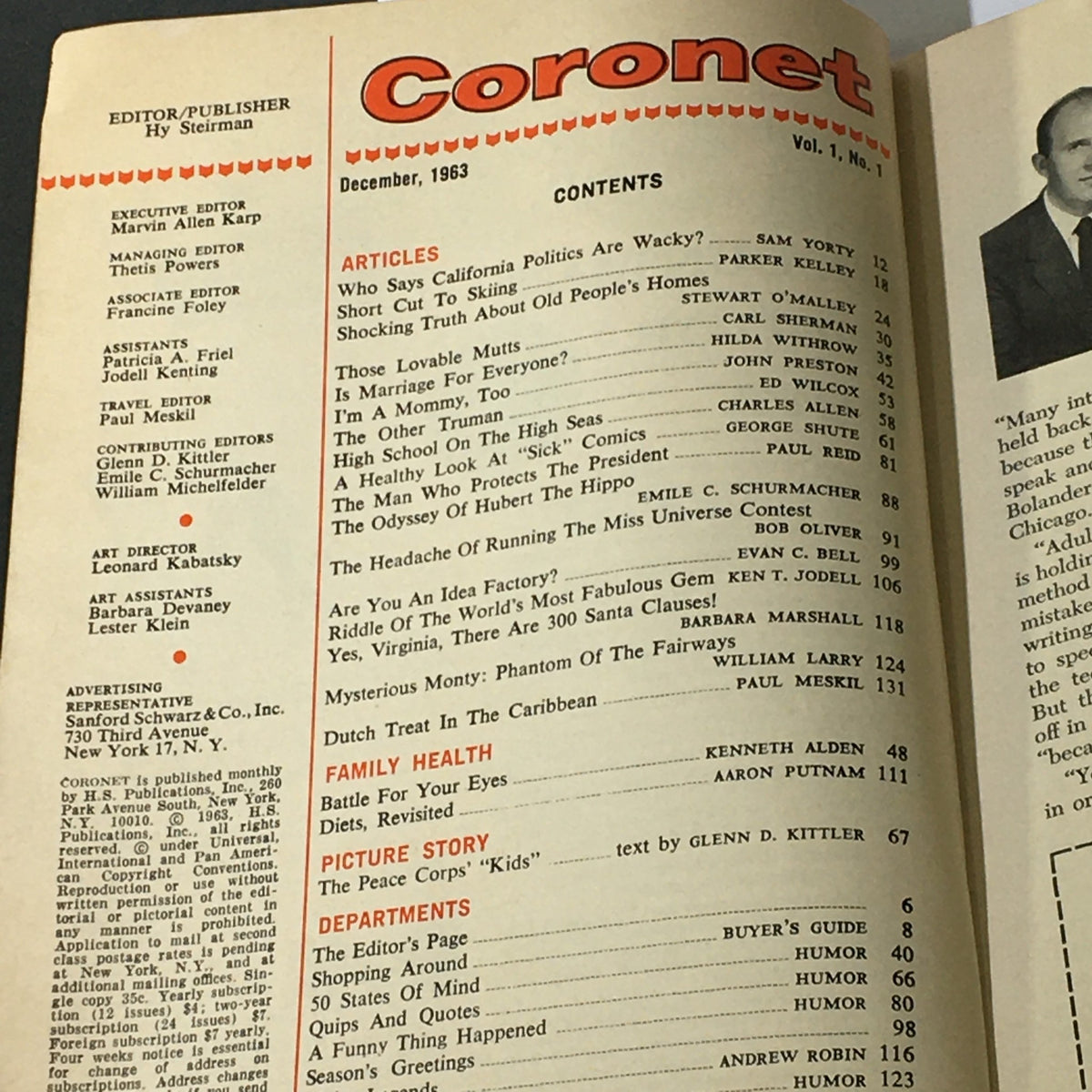 Contents page of VTG Coronet Magazine December 1963 Vol 1 #1 Our Christmas Story featuring articles and editor information.