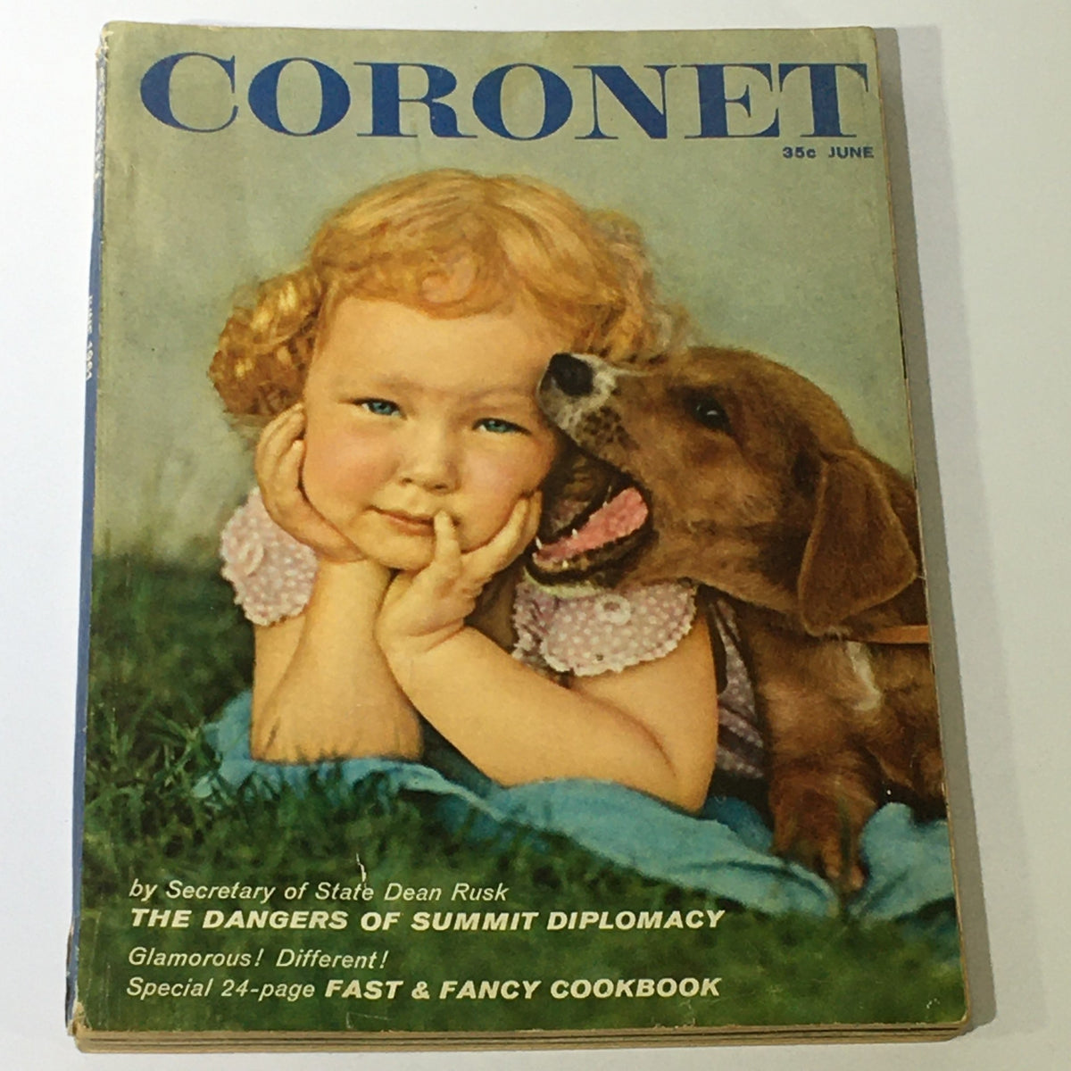 Cover of the VTG Coronet Magazine June 1961 Vol 50 #2 featuring a child and a dog, showcasing the Fast & Fancy Cookbook.