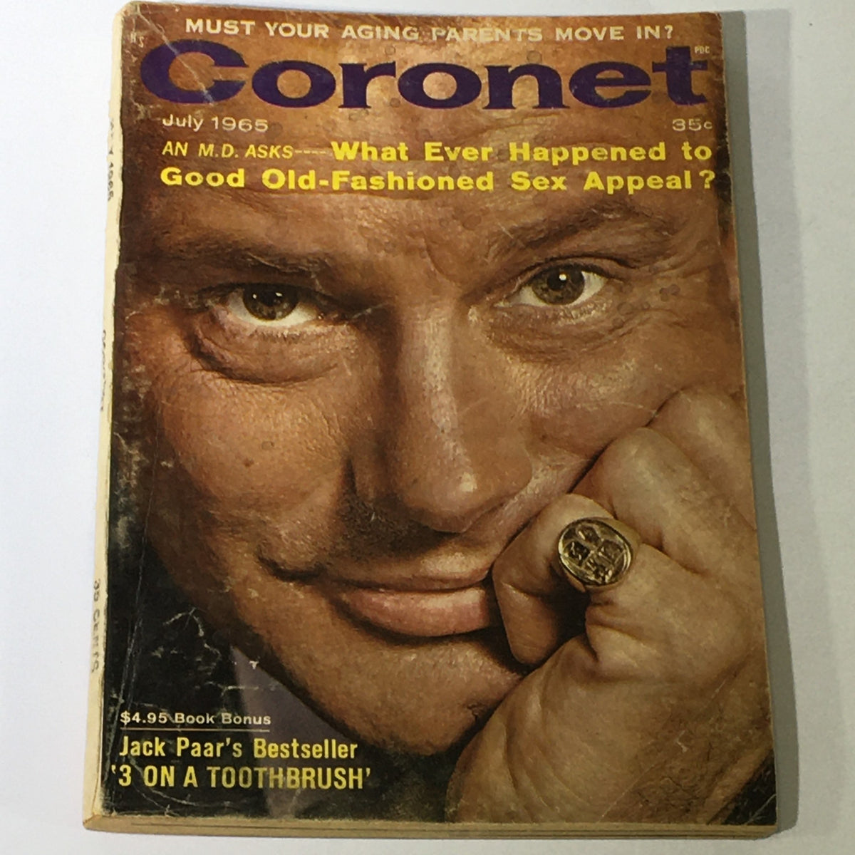 VTG Coronet Magazine July 1965 Vol 3 #7 featuring Jack Paar on the cover with an intriguing expression, promoting the feature '3 On A Toothbrush'. This vintage magazine showcases mid-20th century media and is a collector's item.