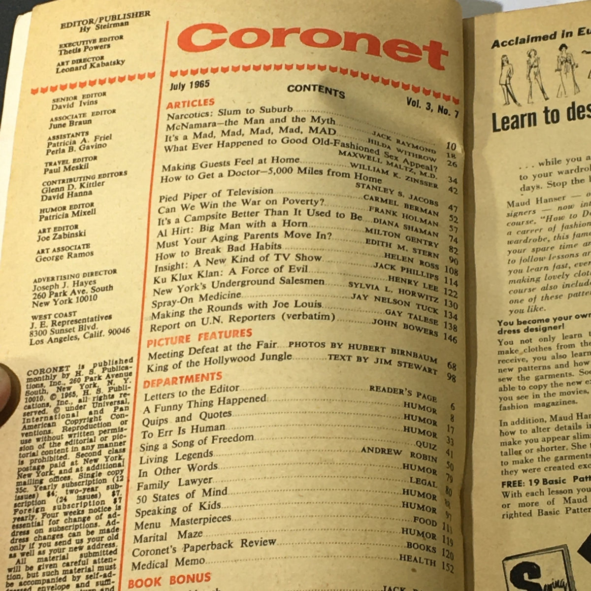 Inside page of VTG Coronet Magazine July 1965 Vol 3 #7 displaying the table of contents with various articles, reflecting the culture of the 1960s. This page highlights the diverse topics covered in the issue.