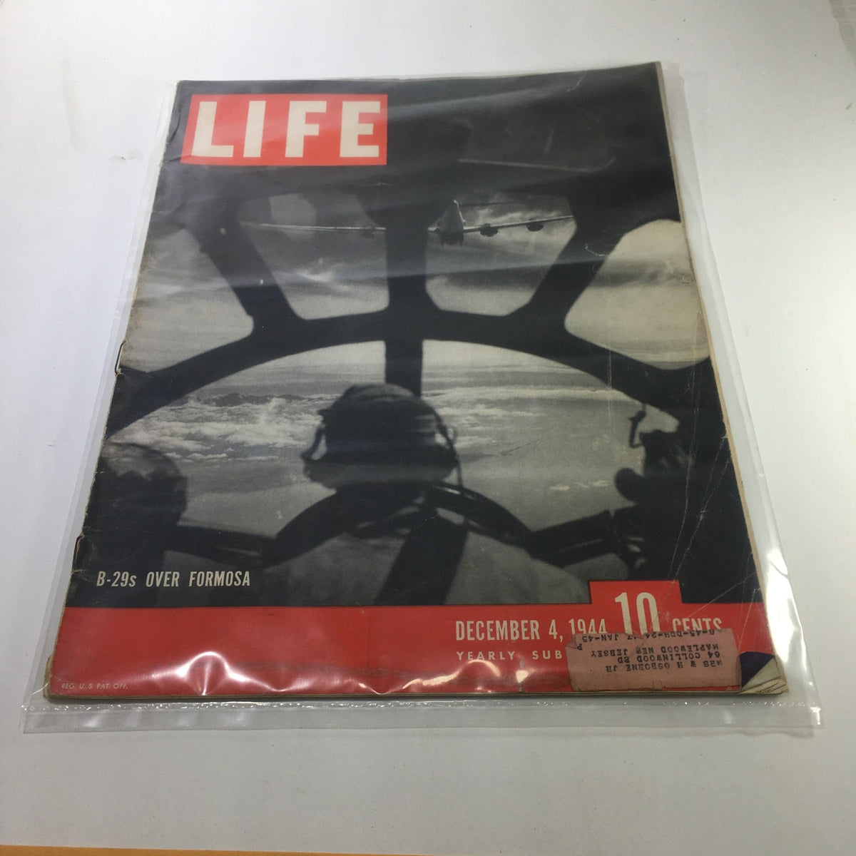 Cover of Life Magazine dated December 4, 1944, featuring the title 'B-29s Over Formosa'. The magazine is in protective plastic, showcasing a vintage design with a central image of a cockpit view during a flight.