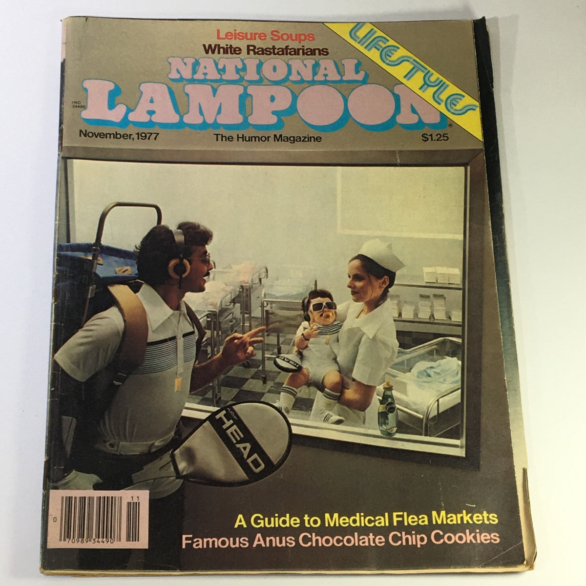 Cover of National Lampoon Magazine November 1977 Vol 1 #92 featuring a humorous theme of 'A Guide to Medical Flea Markets' with an engaging illustration and vintage design.