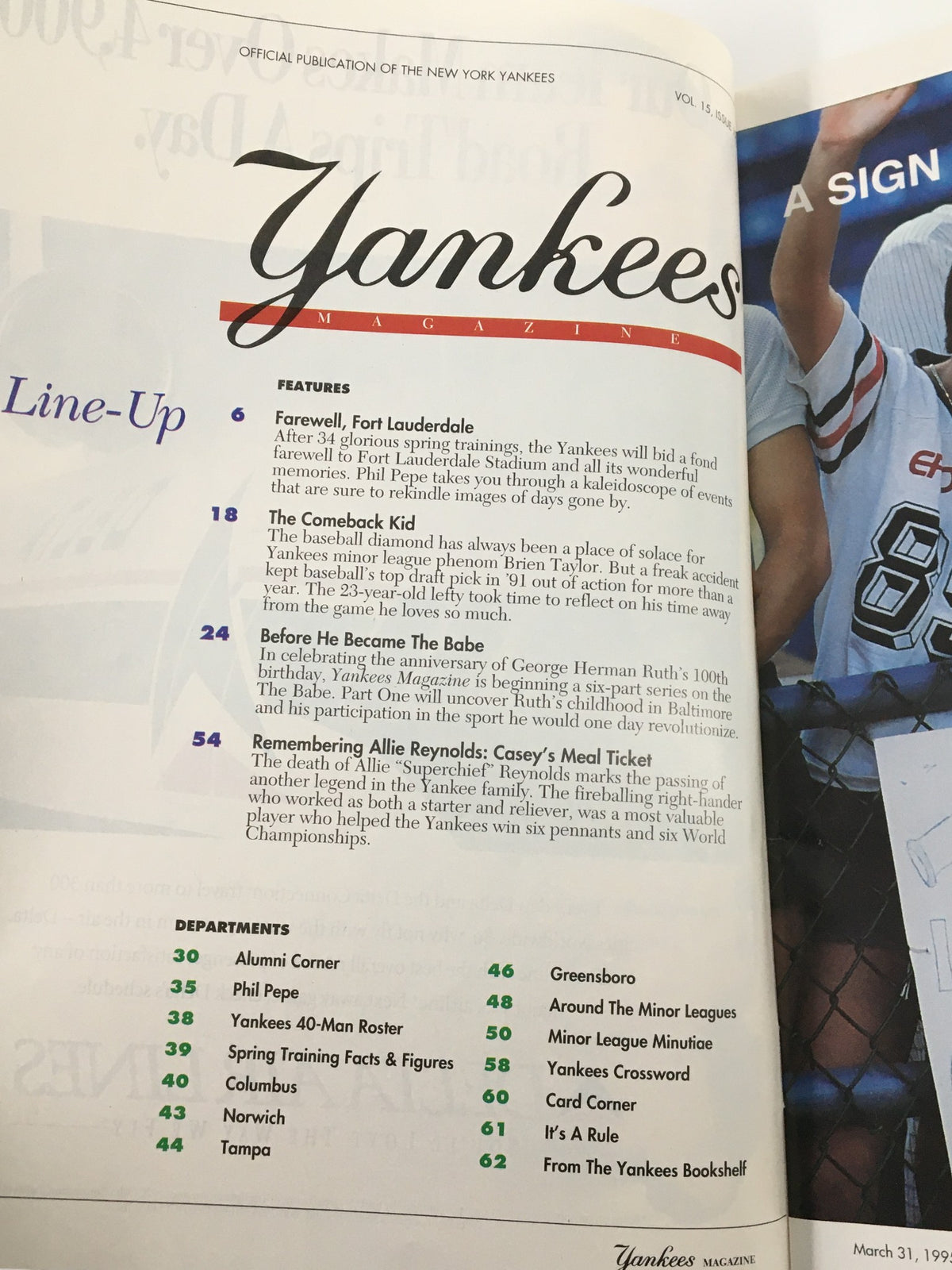 Inside page of Yankees Magazine March 31, 1995 displaying the table of contents with the lead feature 'Farewell, Fort Lauderdale' and other sections.