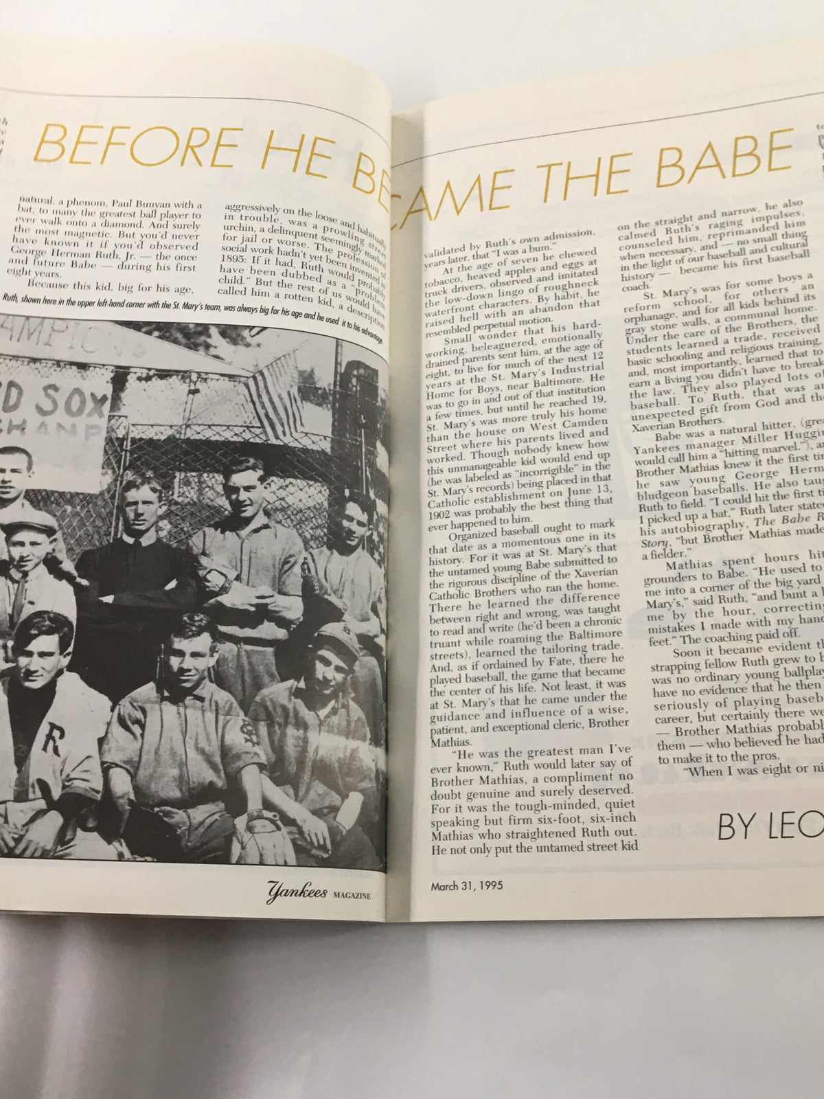 Inside page of Yankees Magazine March 31, 1995 detailing the article 'Before He Became The Babe' about George Herman Ruth's early years.