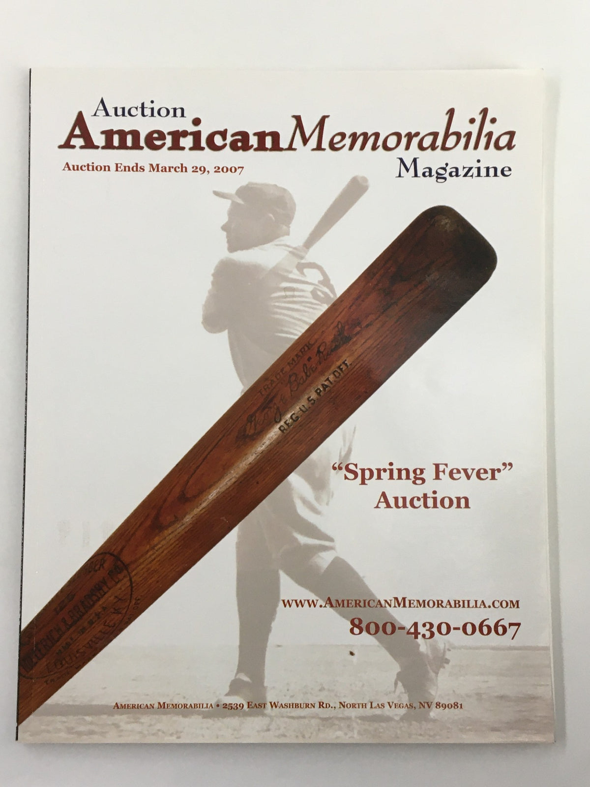 Cover of American Memorabilia Magazine March 2007 featuring a baseball bat promoting the Babe Ruth Spring Auction, showcasing vintage sports memorabilia.