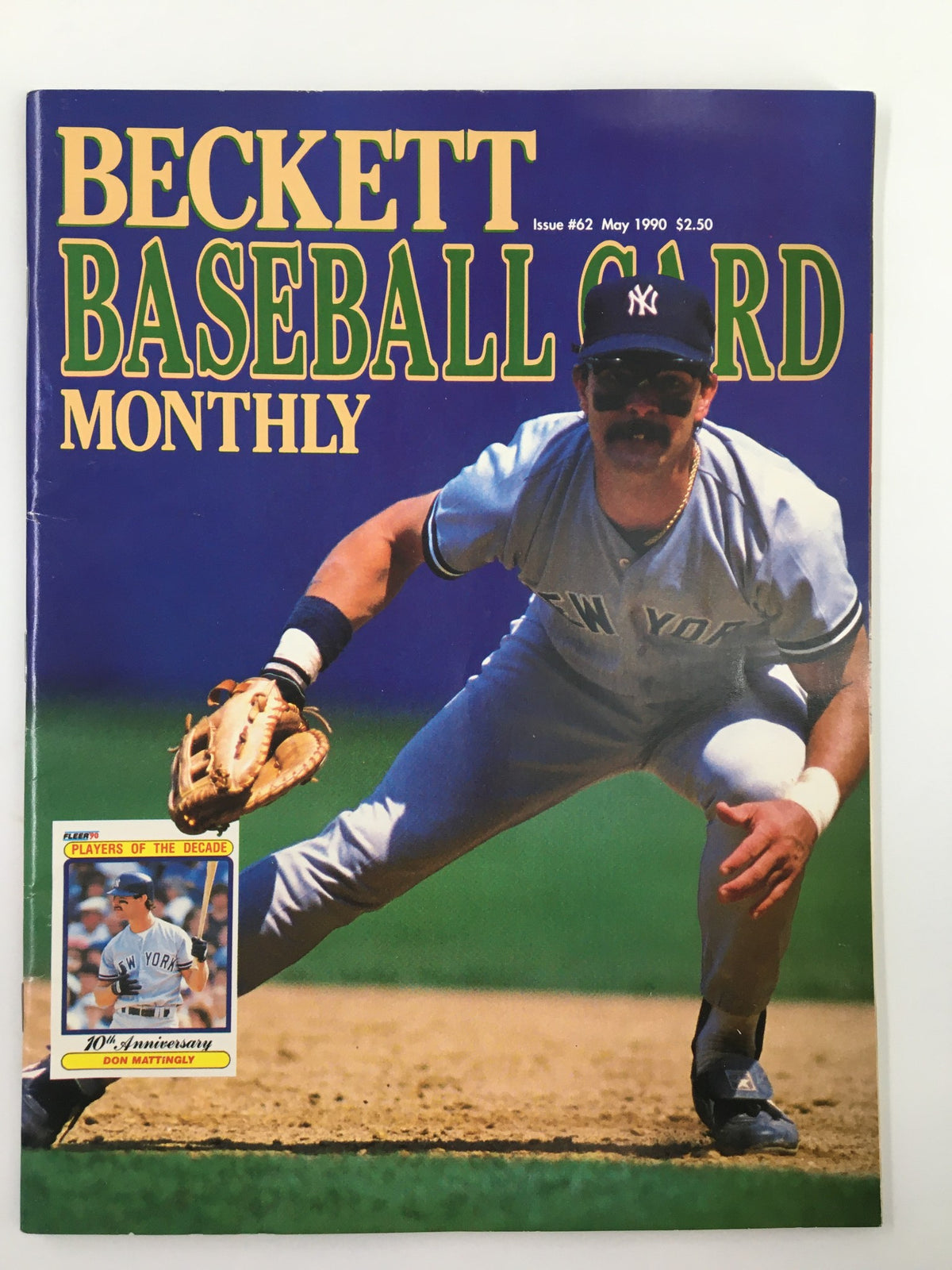 Beckett Baseball Card Monthly May 1990 cover featuring Don Mattingly, showcasing baseball action with a player from the New York Yankees, priced at $2.50.