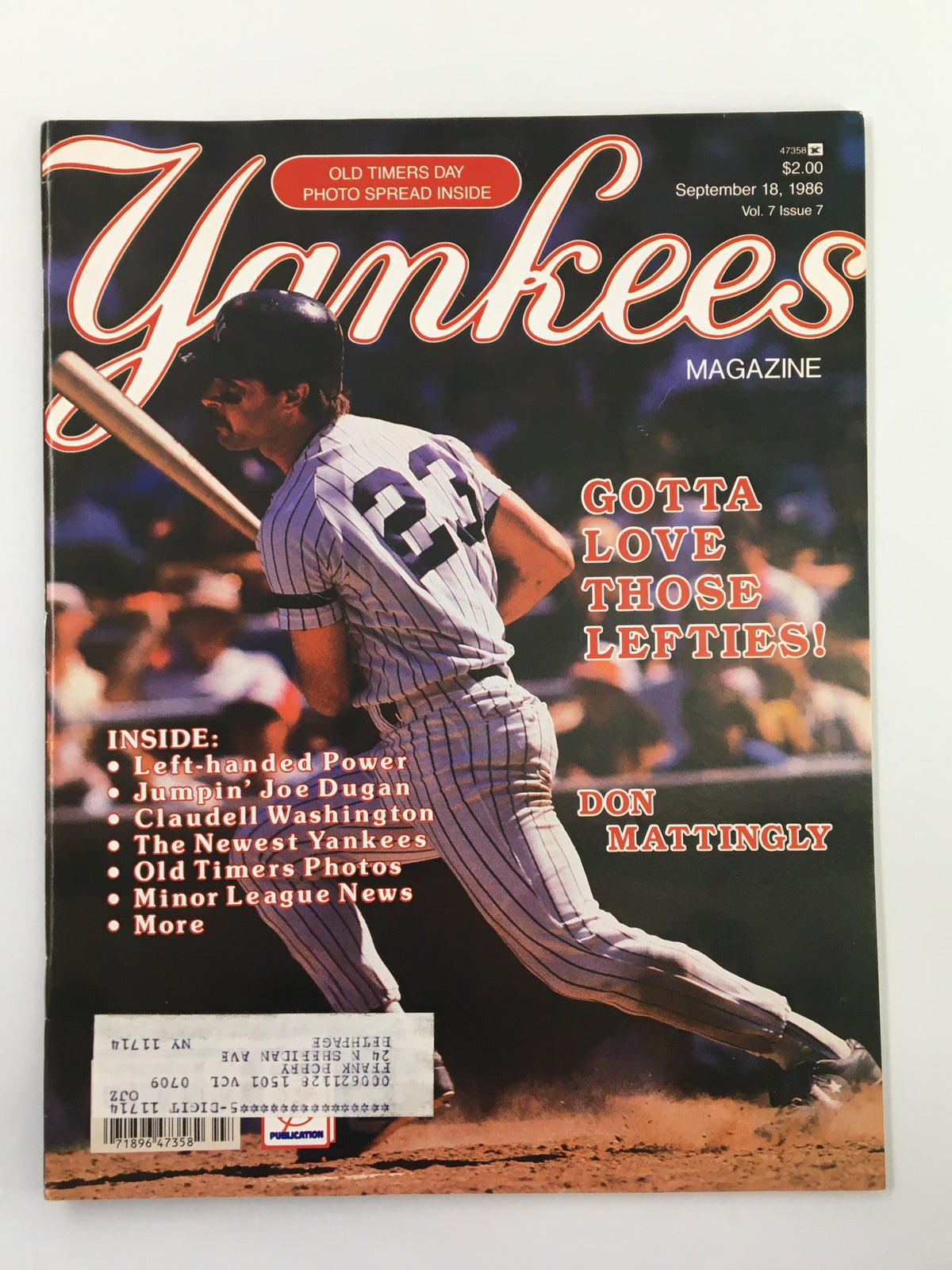 Cover of Yankees Magazine September 18, 1986 featuring Don Mattingly, with a headline 'Gotta Love Those Lefties!' and highlights of Joe Dugan and Claudell Washington.