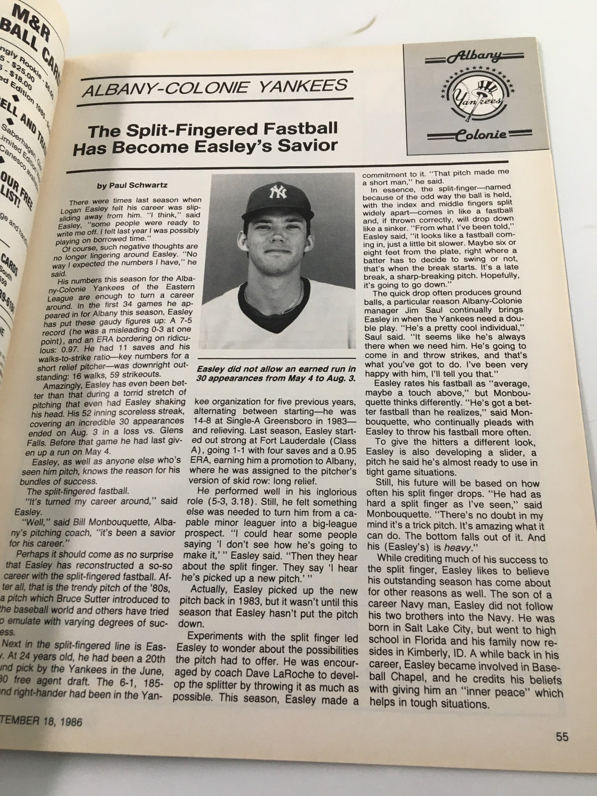 Inside page of Yankees Magazine dated September 18, 1986, featuring an article about Albany-Colonie Yankees pitcher Logan Easley and his split-fingered fastball, emphasizing his career journey and pitching techniques.
