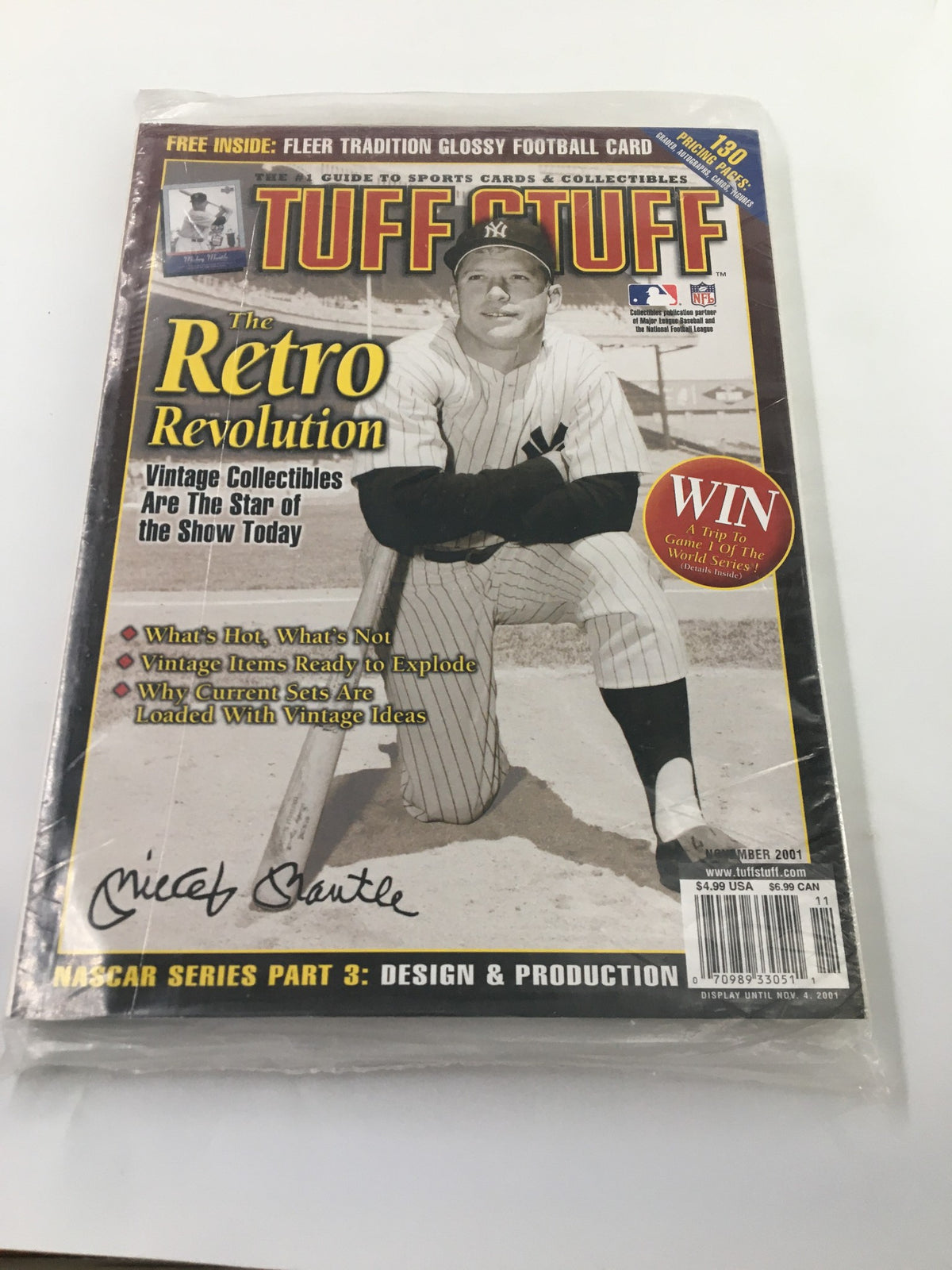 Cover of Tuff Stuff Guide To Sports Cards & Collectibles November 2001 featuring Mickey Mantle, highlighting vintage sports collectibles, with a tagline for 'The Retro Revolution'.
