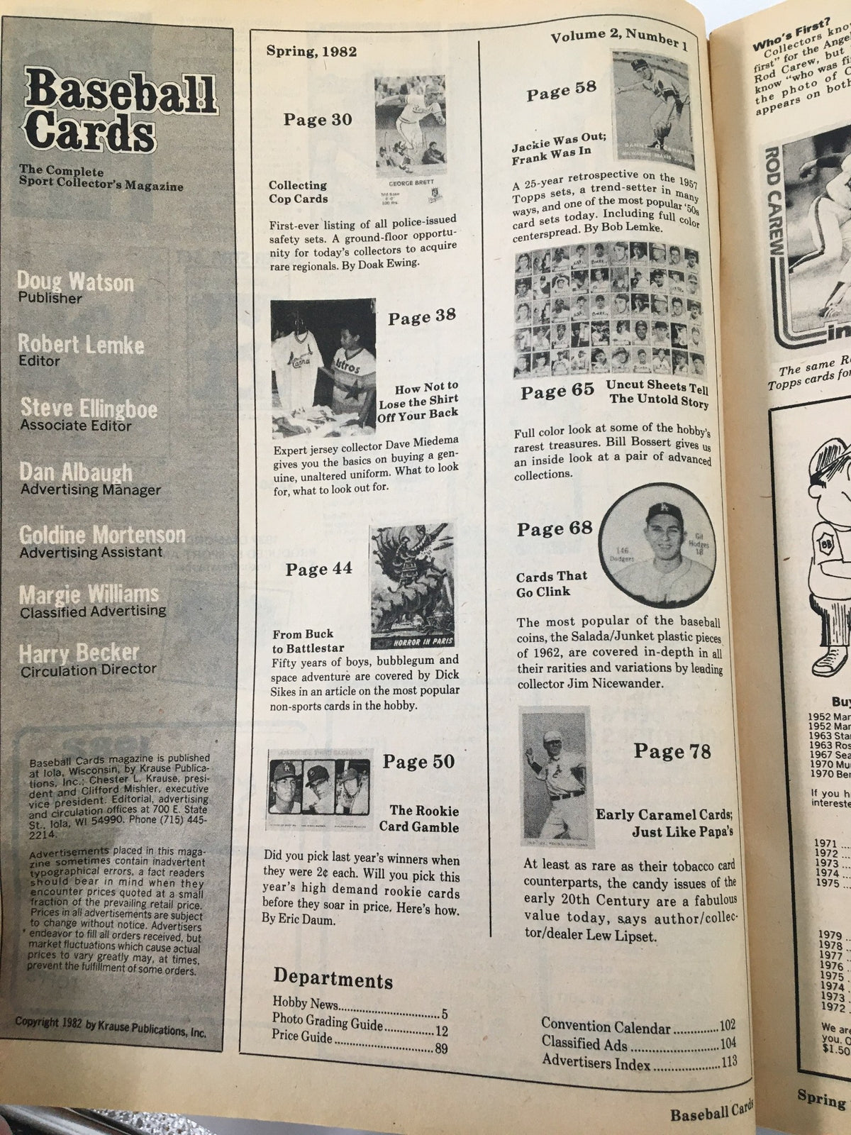 Inside page of VTG Baseball Cards Magazine Spring 1982 edition showcasing the table of contents with featured articles, tips for collectors, and notable baseball card highlights.