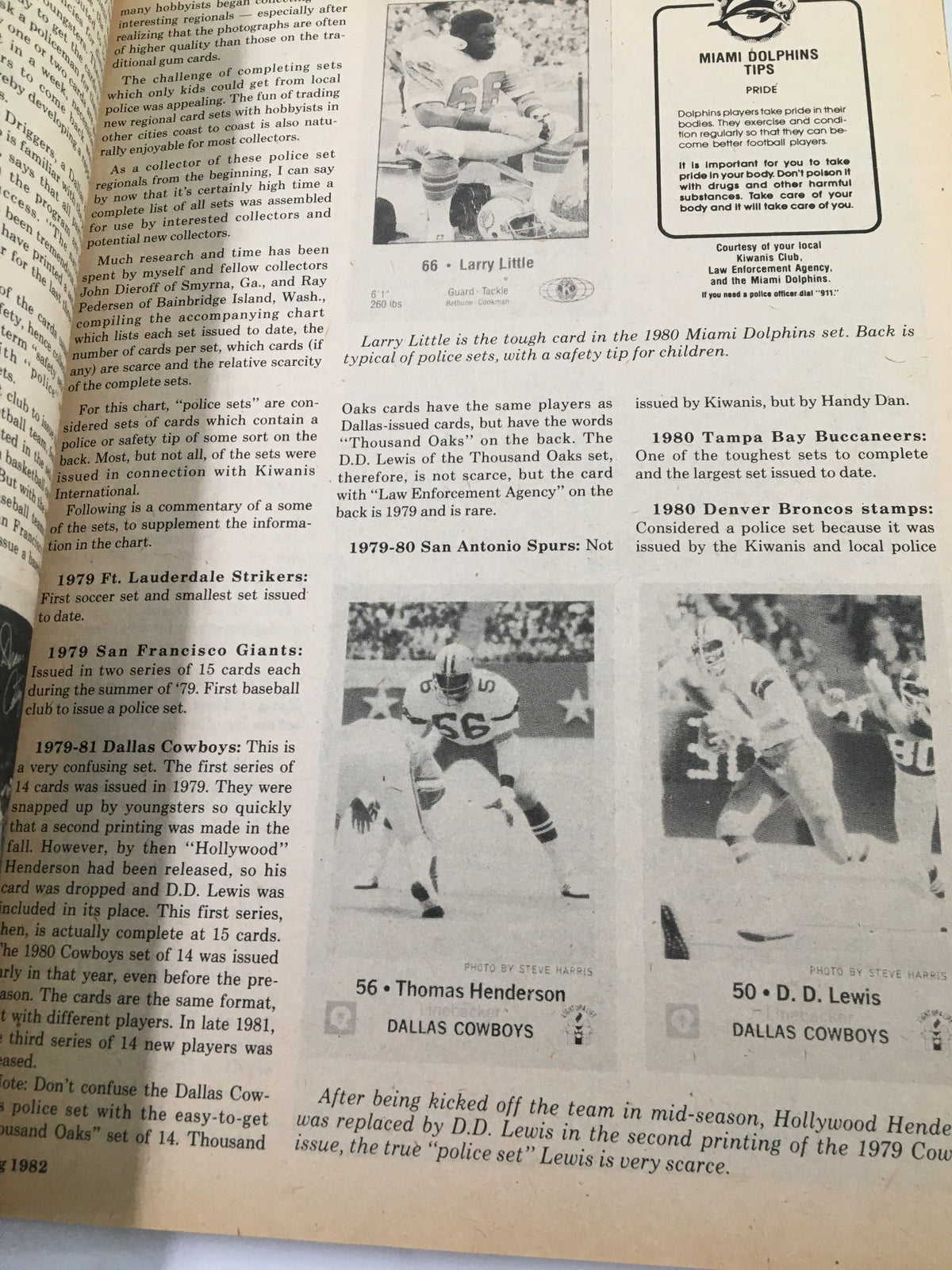 Content page from VTG Baseball Cards Magazine Spring 1982 with information about Dallas Cowboys players Thomas Henderson and D.D. Lewis.