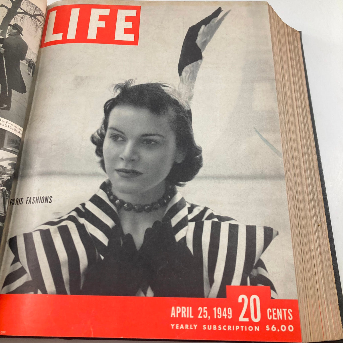 VTG 1949 Bound Life Magazine cover from April 25, 1949, highlighting Paris fashions with a model in striking attire.