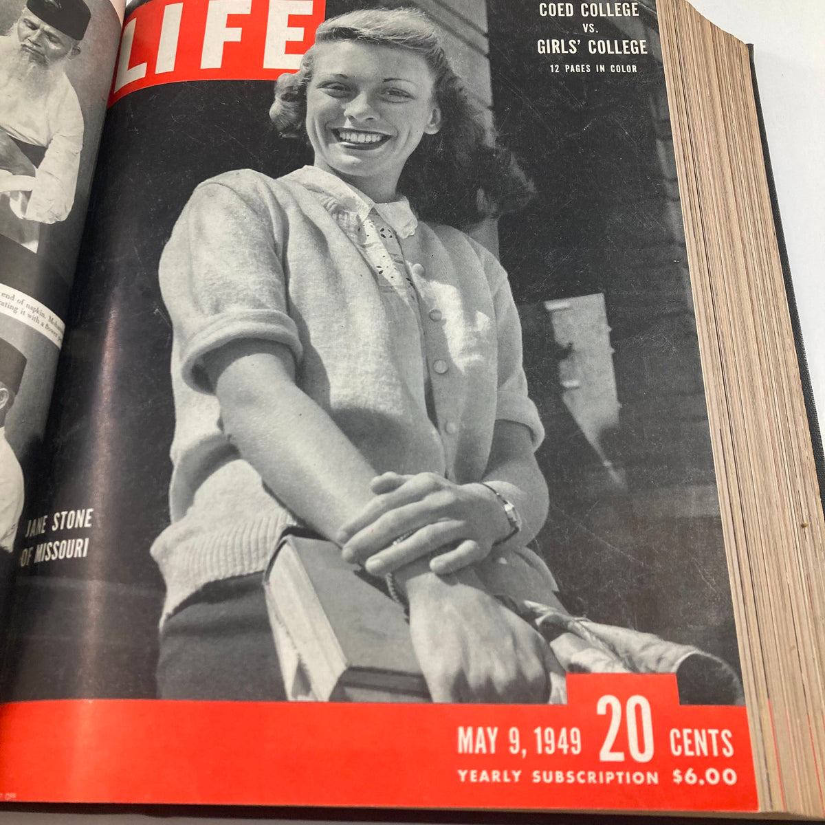 Cover of VTG 1949 Bound Life Magazine from May 9, 1949, showcasing Jane Stone of Missouri, smiling with books in hand.