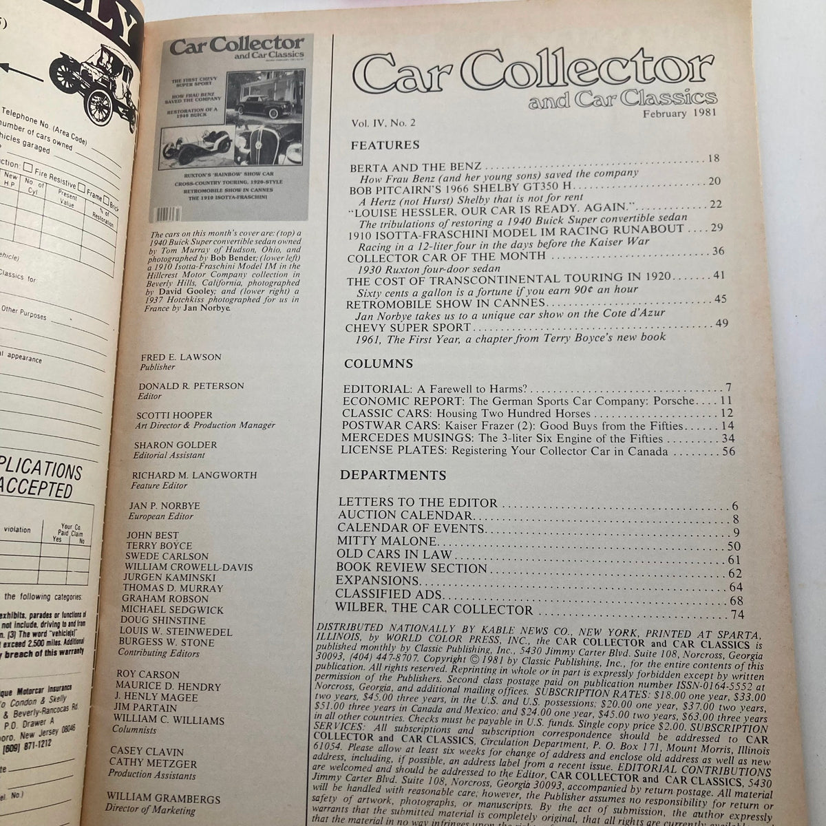 Interior page of Car Collector and Car Classics Magazine February 1981 listing features and columns, including coverage of classic car events and the editorial section.