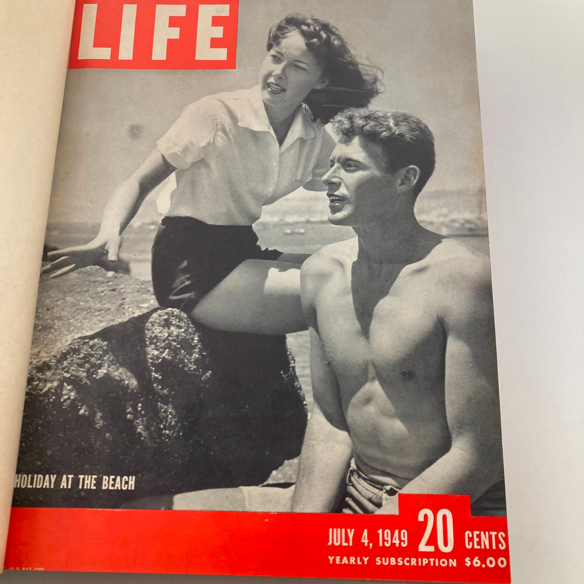 VTG 1949 Bound Life Magazine Cover highlighting a summer beach scene with a couple, from the July 4 issue, reflecting summer leisure in the late 1940s.