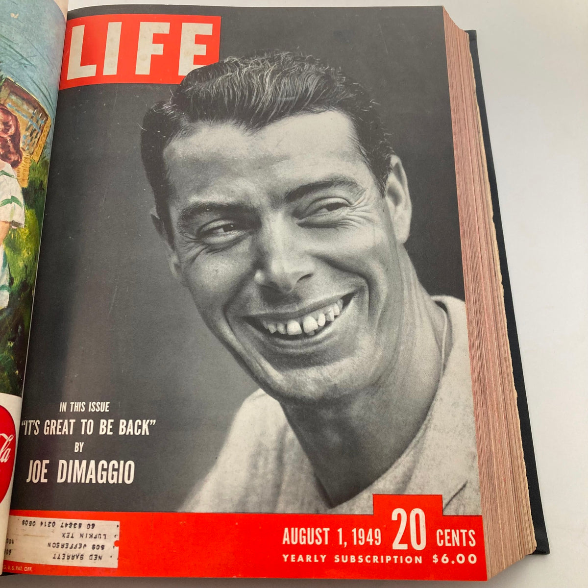 Cover of VTG 1949 Bound Life Magazine featuring baseball legend Joe DiMaggio, August 1, 1949 issue, focusing on sports culture and historical narratives.