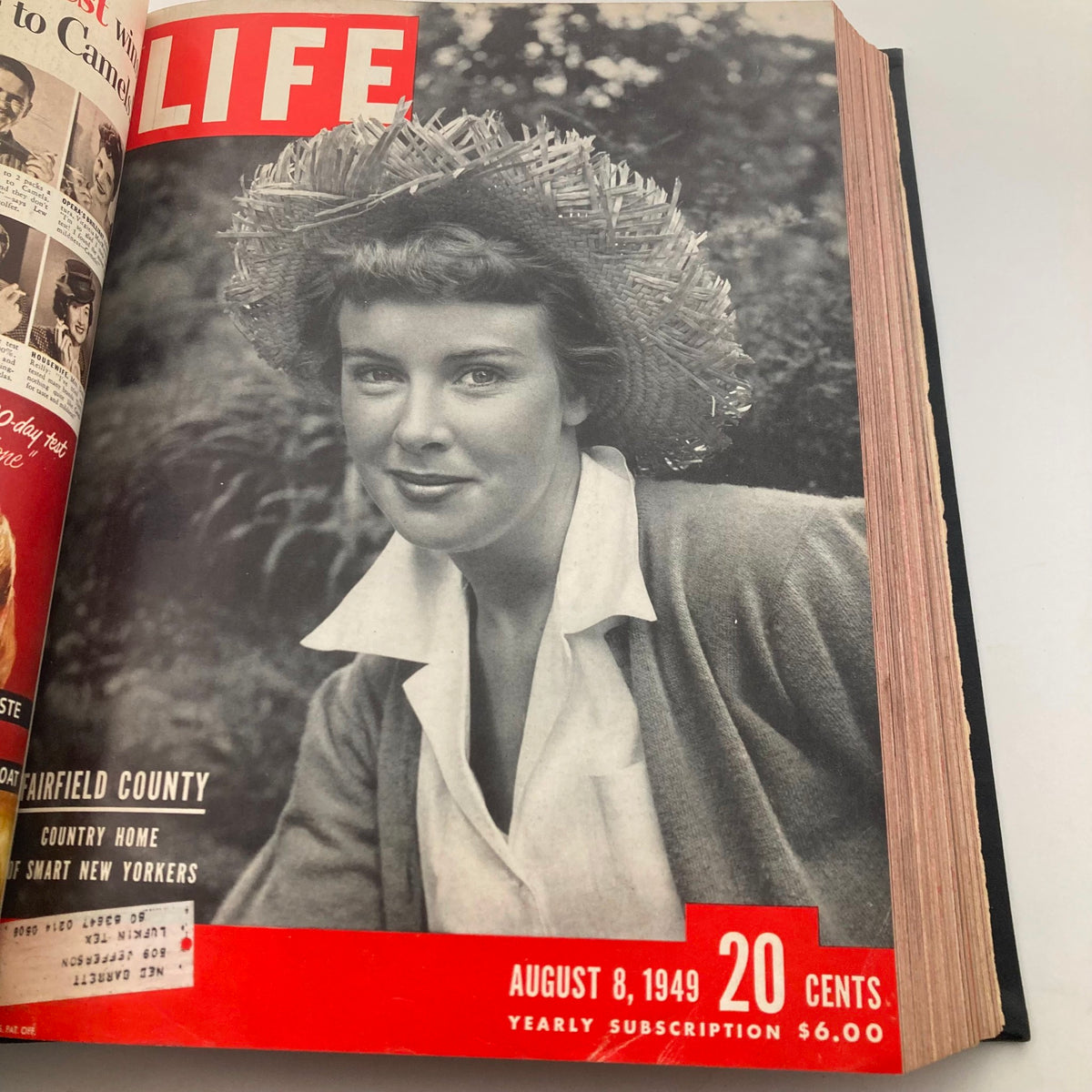 VTG 1949 Bound Life Magazine Cover featuring a woman in a straw hat, from the August 8 issue. Captures mid-20th century fashion and charm of Fairfield County.