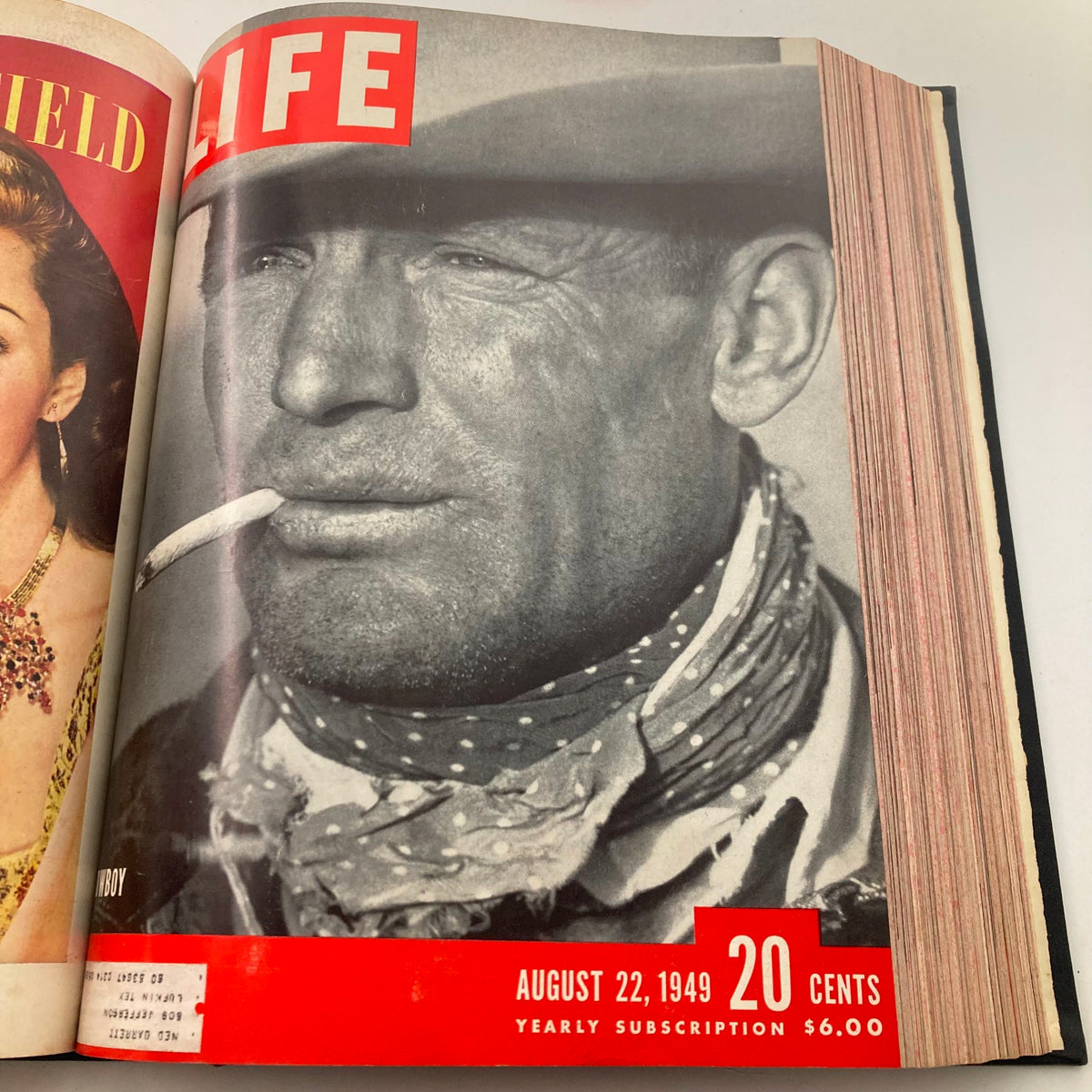 Cover of VTG 1949 Bound Life Magazine featuring a rugged cowboy character, August 22, 1949 issue, highlighting classic Americana and vintage photography.