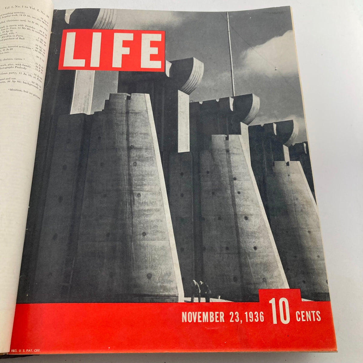 Cover of the November 23, 1936 issue of VTG 1936 1937 First Issue Bound Life Magazine featuring the Fort Peck Dam.