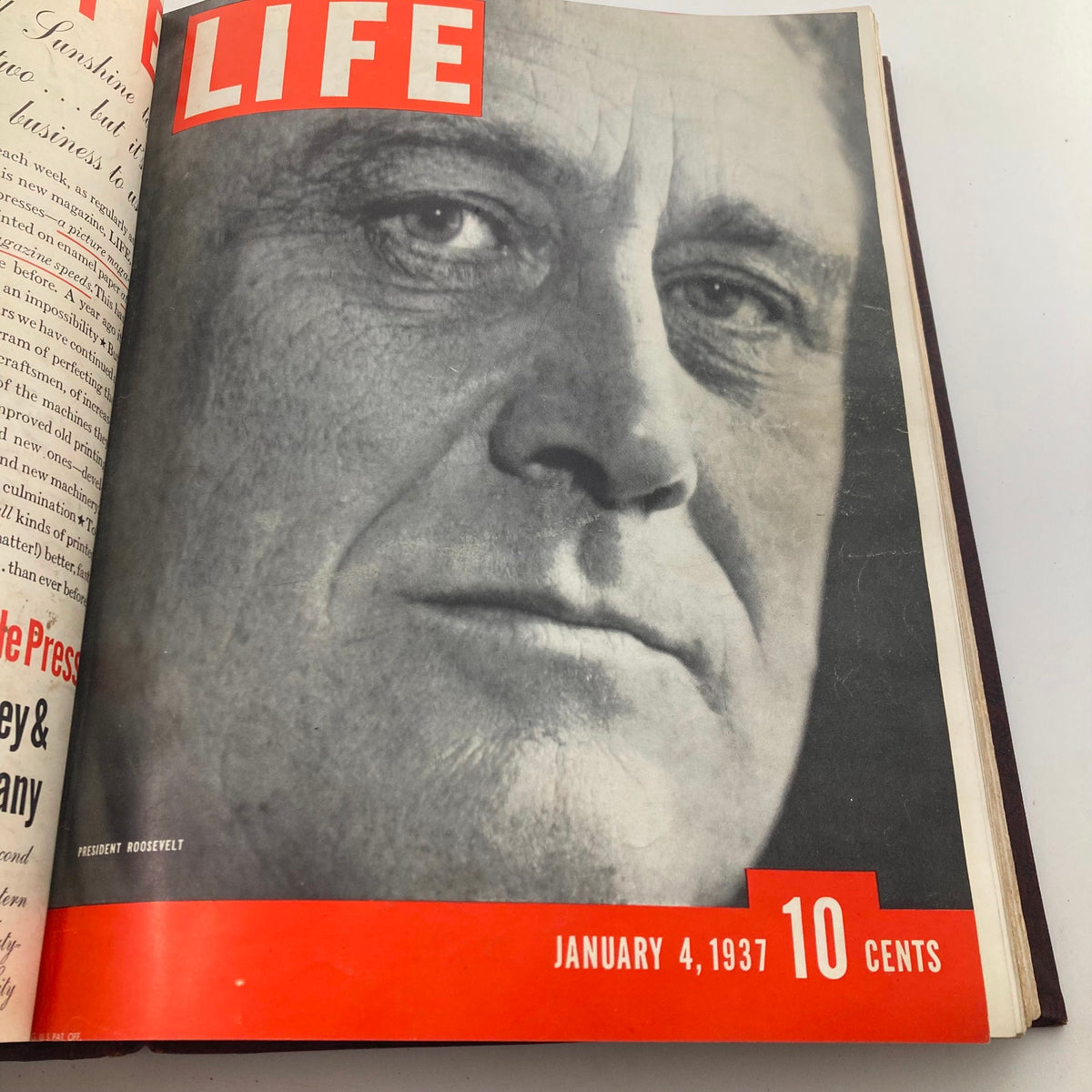 Cover of VTG 1936-1937 First Issue Bound Life Magazine featuring a close-up of President Franklin D. Roosevelt, January 4, 1937 edition.