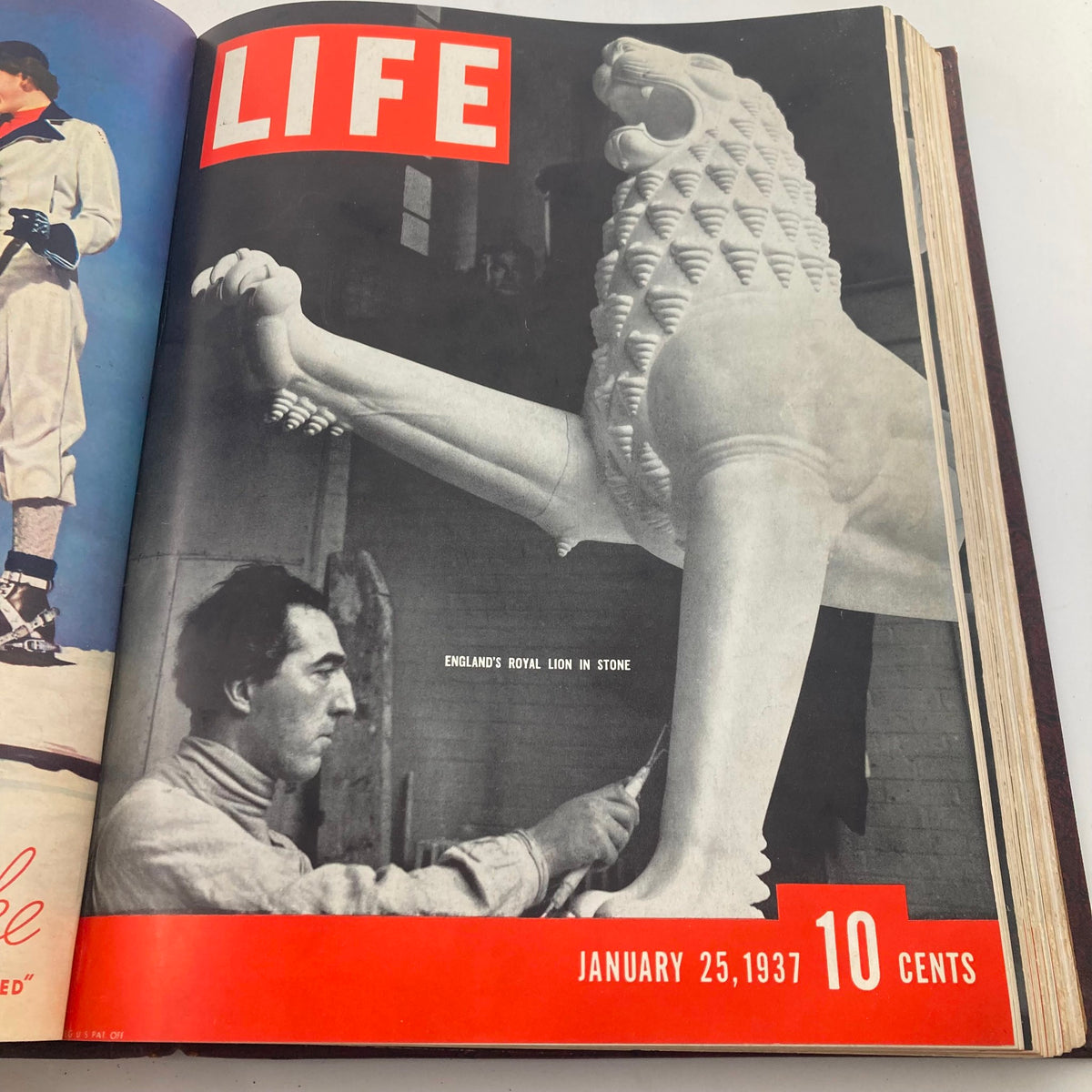 VTG 1936 1937 First Issue Bound Life Magazine cover featuring a sculptor working on England's Royal Lion in stone, dated January 25, 1937.