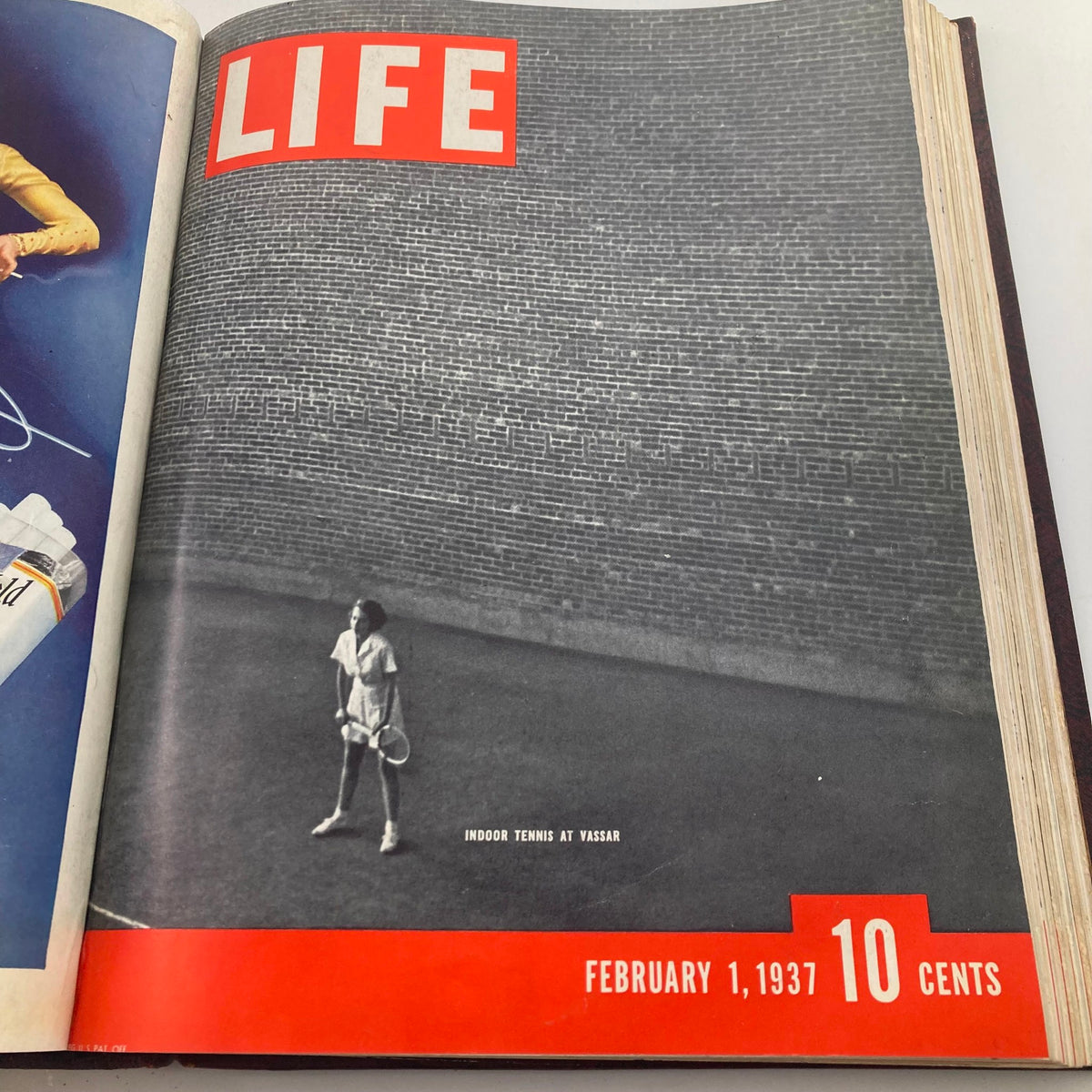 VTG 1936 1937 First Issue Bound Life Magazine cover showcasing a scene of indoor tennis at Vassar College, dated February 1, 1937.