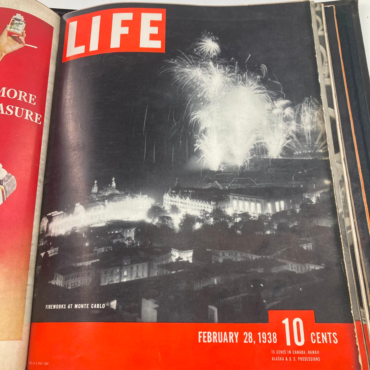 VTG 1938 Bound Life Magazine cover showcasing fireworks at Monte Carlo, February 28, 1938 issue.